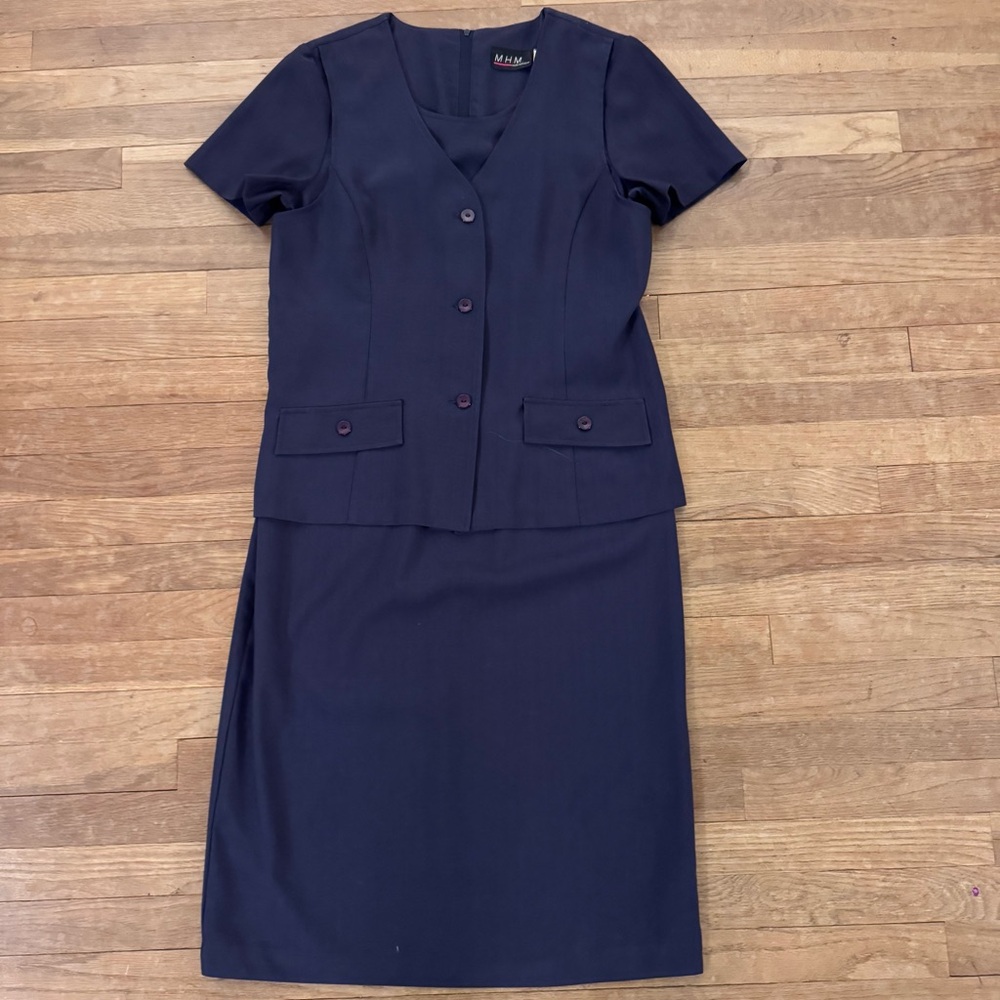 M.H.M. navy iridescent short sleeve midi shift dress size 14T
 b75